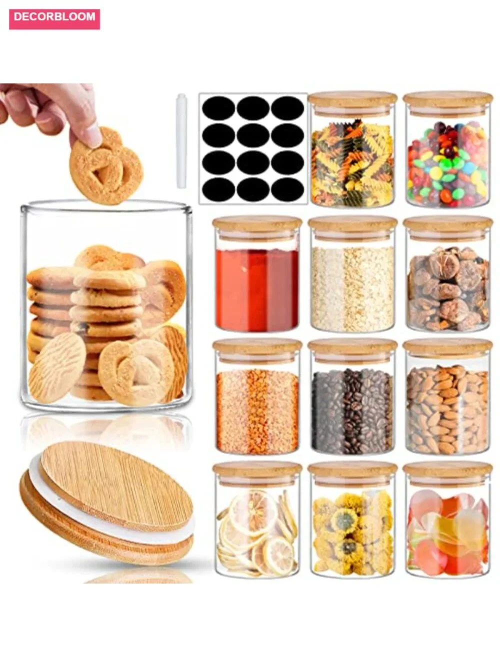 Set of 12 Glass Jars with Bamboo Lids, 16 oz, Airtight Food Storage Containers